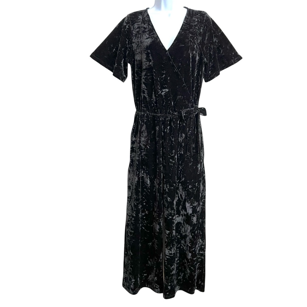 Piper & Scoot Martina Crushed Velvet Whimsigoth Jumpsuit S Black Faux Wrap Boho